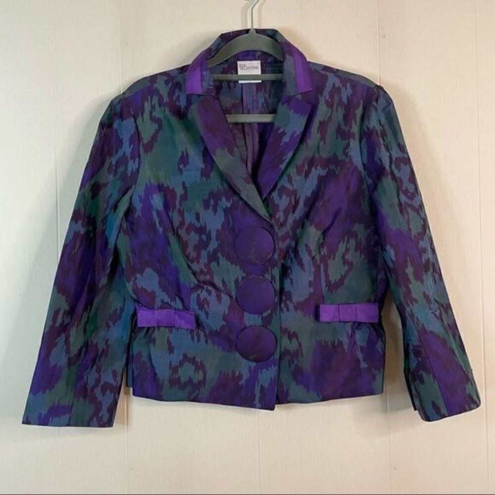 Vintage 90’s RED Valentino Purple Green Abstract Shantung Silk Blazer